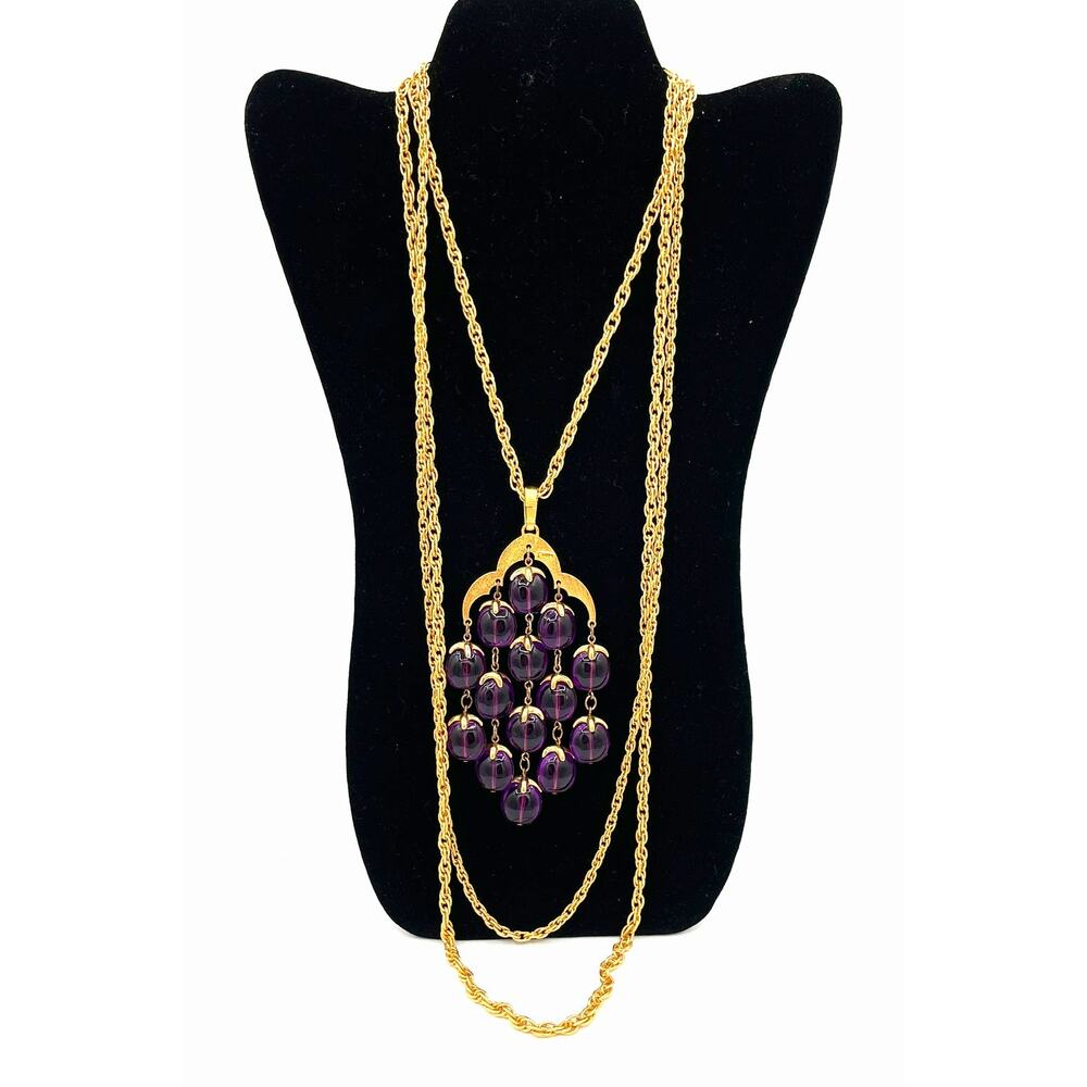 Vintage Crown Trifari Goldtone Purple Lucite Waterfall Bib Necklace Signed